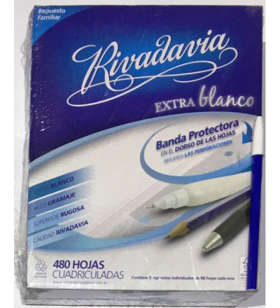 REPUESTO RIVADAVIA 480 HOJAS CUADRO. EXTRA BLANCO