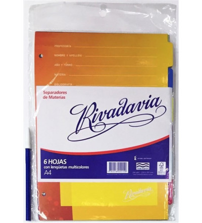 SEPARADOR RIVADAVIA A4 6 HOJAS COLOR