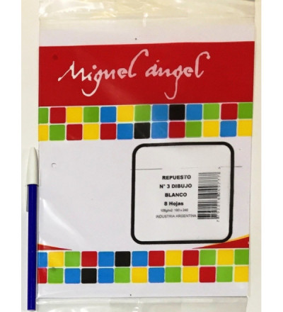 REPUESTO HOJAS DE DIBUJO MIGUEL ANGEL N° 3 BLANCO. X 8 HOJAS