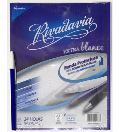 REPUESTO RIVADAVIA 24 HOJAS RAYA, CON BANDA, EXTRA BLANCO