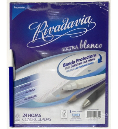 REPUESTO RIVADAVIA 24 HOJAS CUADRO, CON BANDA, EXTRA BLANCO